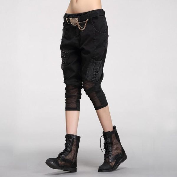 

women's pants & capris women hip hop spring summer hole zippers pencil calf length fashion mesh joggers casual harem streetwear, Black;white