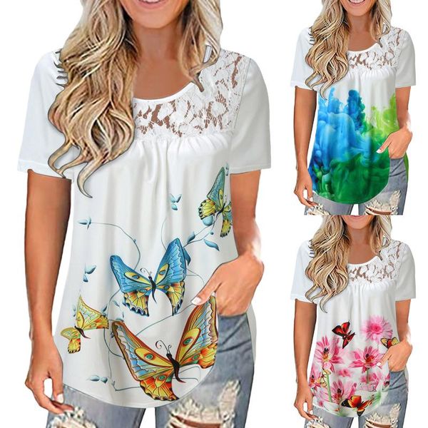 

women's blouses & shirts summer women lace blouse shirt ladies print v-neck short sleeve tee splicing streetwear female pullover, White