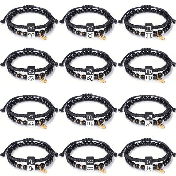 

2pcs/set 12 zodiac bracelet beaded strands handmade rope braided couple bracelets friendship jewelry, Black