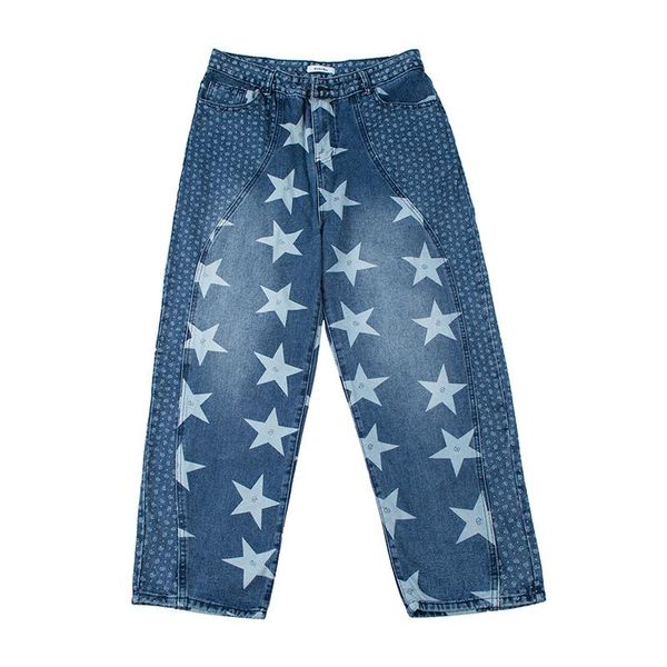 

men's jeans washed stars embrodiery streetwear hip hop pants for men and women straight ripped oversize japanese casual denim trousers, Blue