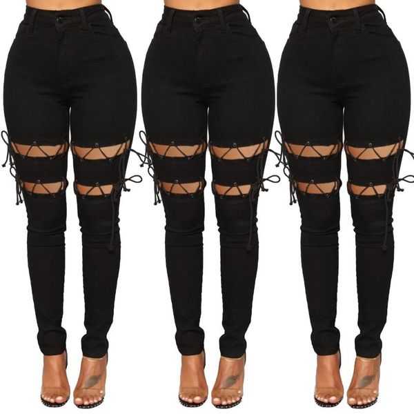 

women's jeans all-match women solid black jean bandage hollow out high waist pocket trousers hole denim pants street style clothing, Blue