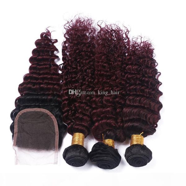 

new arrival grade 9a wine red ombre deep wave #1b 99j burgundy human hair bundles extensions 3pcs with two tone lace closure 4*4, Black