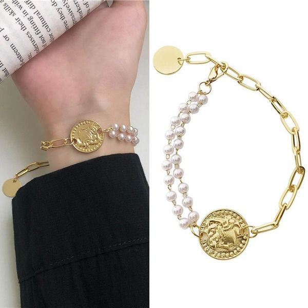 

kpop style female creative asymmetric personality human head bracelet pearl bracelet gifts for women, Golden;silver