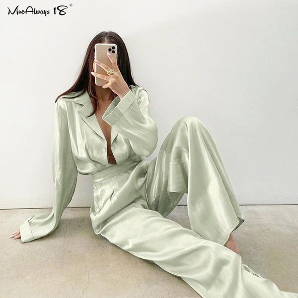 

women's two piece pants mnealways18 office elegant spring summer women 2 sets fashion 2021 casual suits green shirts and loose female o, White