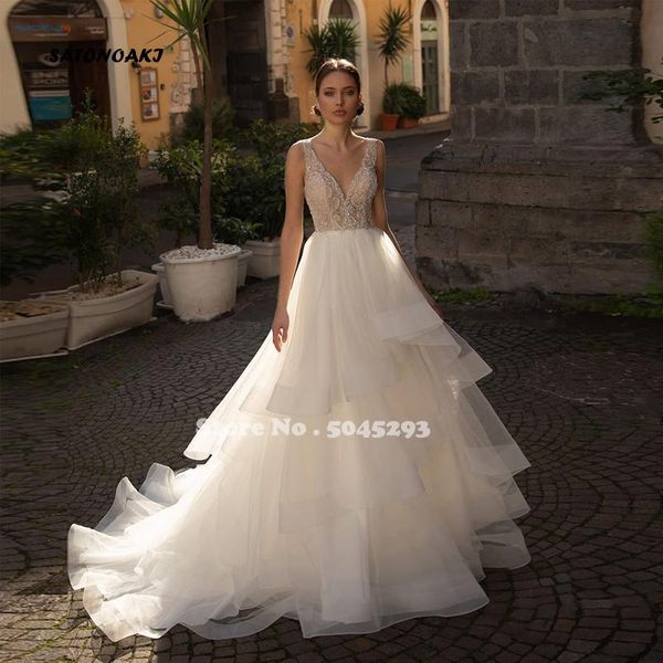 

other wedding dresses v-neck tulle dress for women a-line sleeveless tiered beading bridal gowns robe de mariÃ©e 2021 vestidos sukienka, White