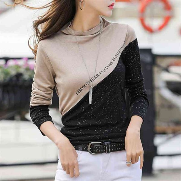 

spring color block patchwork t-shirt women half turtleneck diamonds shiny long sleeve tee cotton t9d009y 210720, White