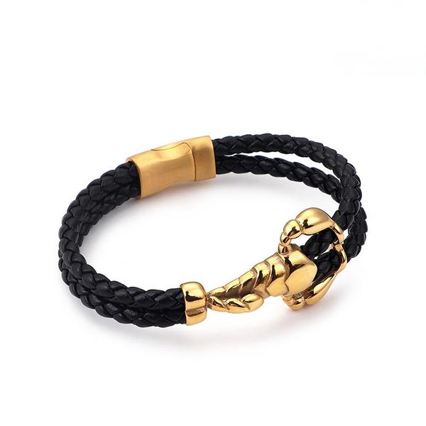 

charm bracelets retro 22cm braided leather wrap bracelet for men stainless steel gold scorpion punk halloween jewelry, Golden;silver