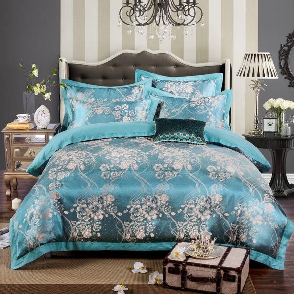 

bedding sets sliver golden luxury satin jacquard bed set double  king size duvet cover pillowcase sheet