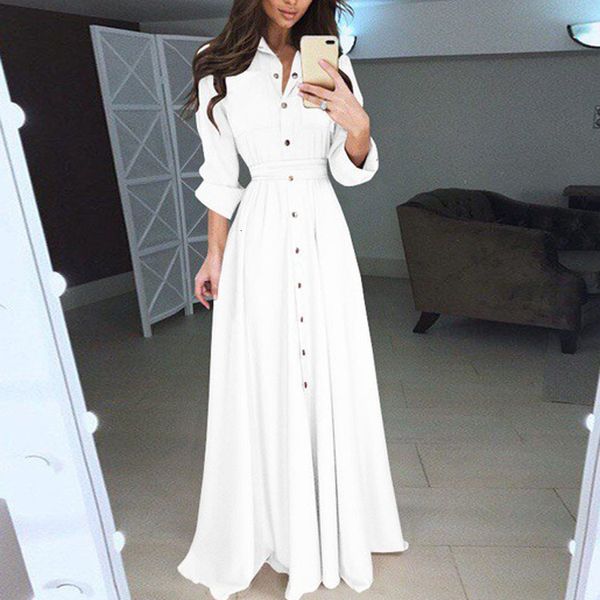 

2021 new fashion women's casual sleeve solid elegant woman turn down collar button long white ankle es 6d9r, Black;gray