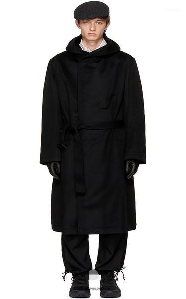 

men's trench coats autumn and winter standing collar hooded solid color woolen overcoat long loose retro jacket, Tan;black