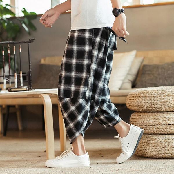 

men's pants mrgb summer national style cotton linen men big size baggy harem plaid casual fashion male calf-length trousers, Black