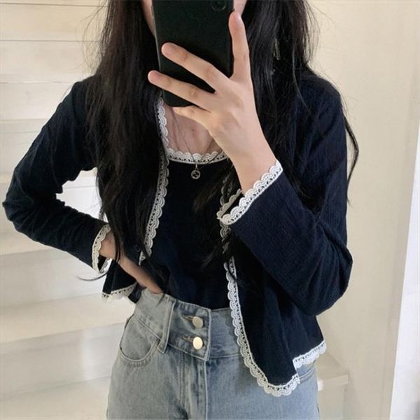 

two piece lace o neck women sweater long sleeve casual cropped womens patchwork vintage thin pullover crop, White;black