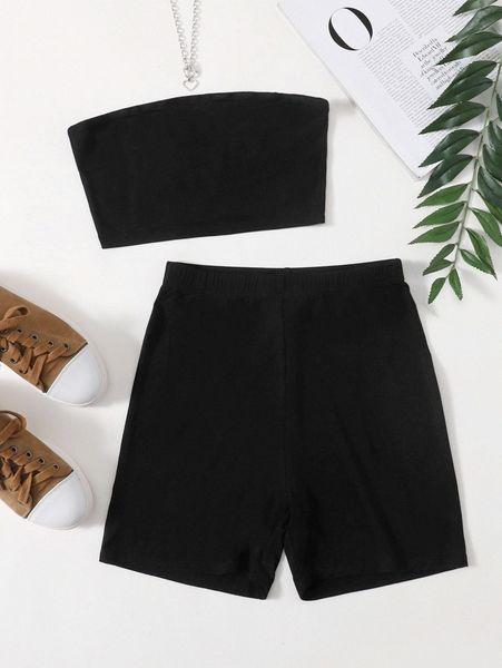 

solid tube & biker shorts set r4zt#, White