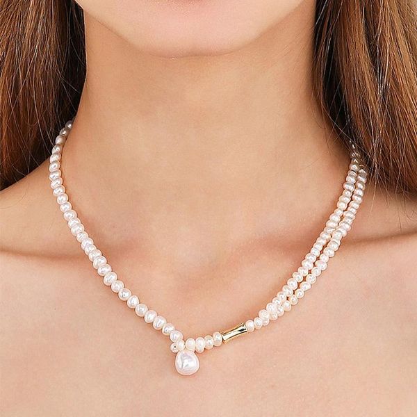 

double natural pearl white bead necklace for women aesthetic vintage new fashion trend accessories jewelry unique chain choker, Golden;silver