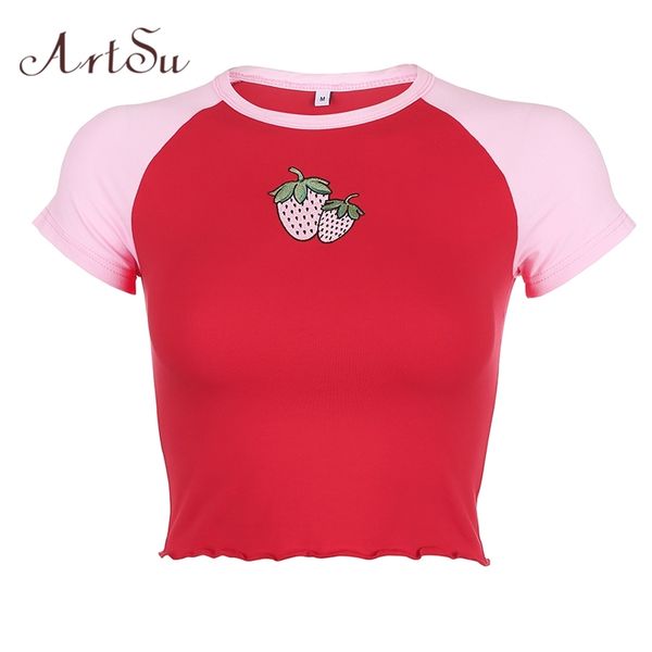 

artsu women summer short sleeve crop t-shirt streetwear tee shirt summer cute strawberry print casual cotton tshirts c0220, White