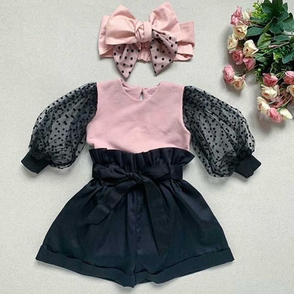 

pudcoco baby girl clothes kids polka dot puff sleeve pink + fashion high waist black shorts children's 2020 spring outfits y0909, White