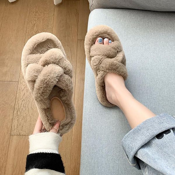 

slippers warm women 2021 winter outdoor indoor home cotton shoes fleeces thicken plus velvet flat slides fur slipper woman, Black