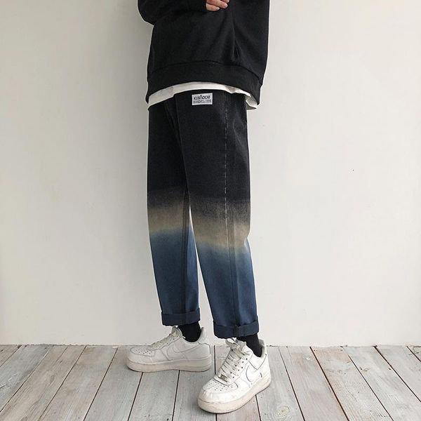 

men's jeans 2021 autumn gradual change color baggy casual pants black homme classic style cargo pocket male trousers size -2xl, Blue