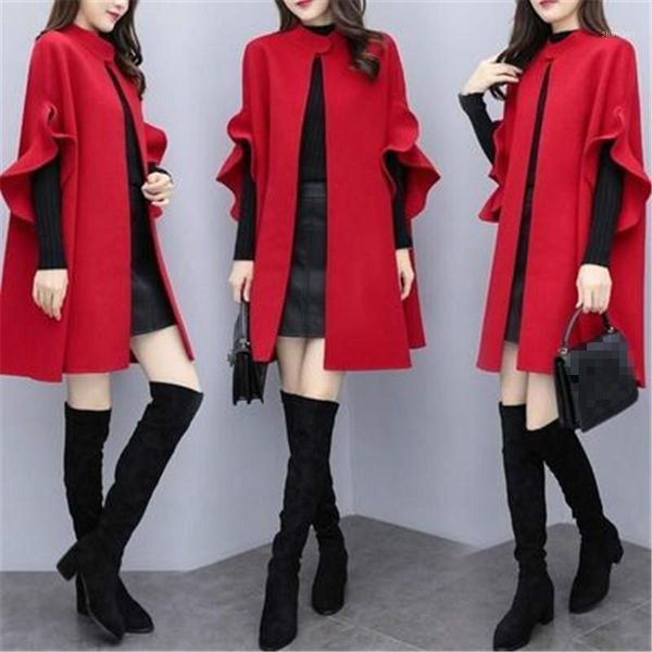 

women's wool & blends female woolen coats fashion loose ladies capes long jackets autumn shawl cloak ruffle flare sleeve, Black