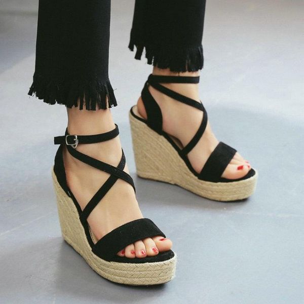 

dress shoes dropship women gladiator wedges high heel sandals woman rome buckle strap pumps straw rope platforms, Black