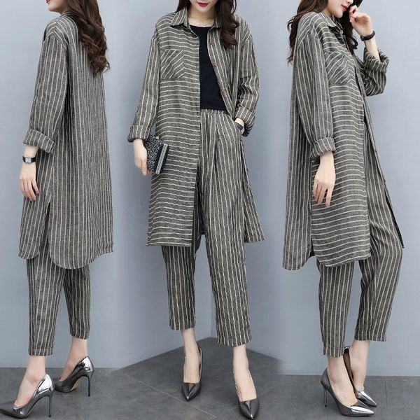 

women's tracksuits large big size spring 2 piece set women striped wide leg pants pastel palazzo pantalon taille haute femme conjunto f, Gray