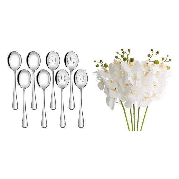 

spoons 1 set 8.5 inches stainless steel serving slotted & 5 pcs artificial butterfly orchid fake flowers