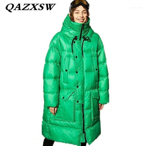 

autumn winter large size loose warm thick hooded long women down jacket fashion trendy simple solid 90% coat lf2051, Black