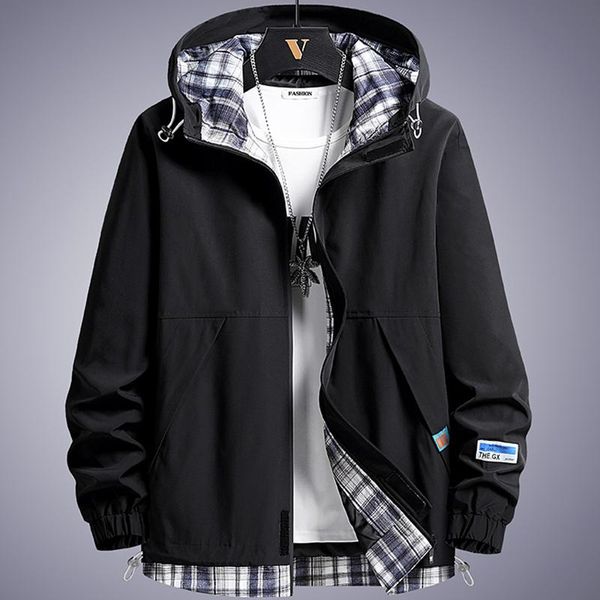 

men's jackets viankani windbreaker 2021 spring autumn fashion patchwork plaid hooded coat male clothing casual m-8xl, Black;brown