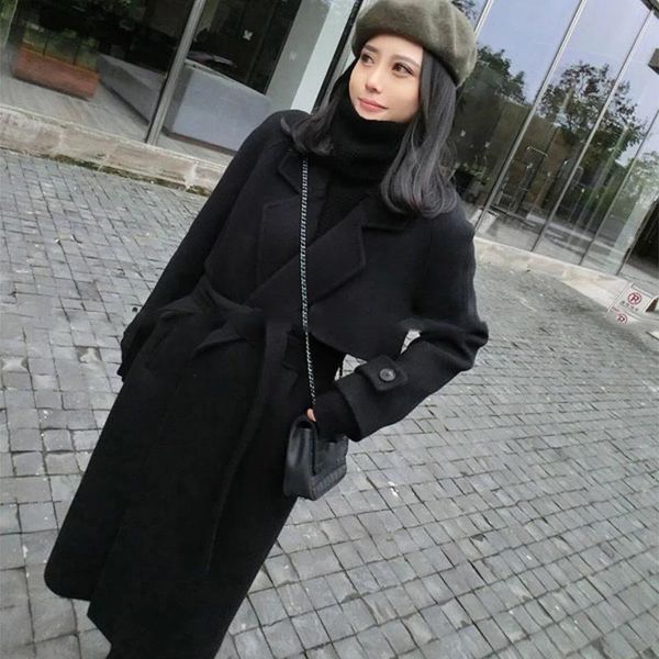 

women's wool & blends 2021 winter loose female jacket leisure solid color women outwear warm cotton overcoat, Black