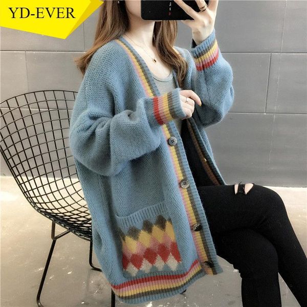 

women cardigan spring autumn 2021 print casual knitted single breasted long sleeve jacket sweater plus size female coat, White