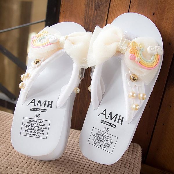 

slippers summer platform women pearl butterfly wedge heels beach flip flops cute rainbow high sandals, Black