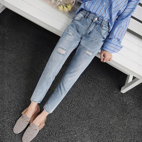 

2019 new high waist loose jeans women autumn blue casual jeans trousers tattered harlem pants1