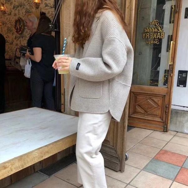 

women's wool & blends hanorange short woolen plaid coat female 2021 loose casual houndstooth outwear women blazer jacket, Black