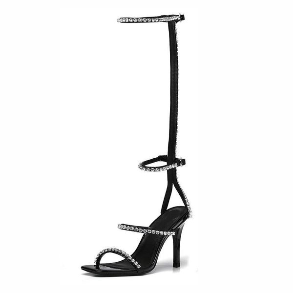 

sandals party high heel long tube fine roman shoes rhinestone straps open toe heels female summer, Black