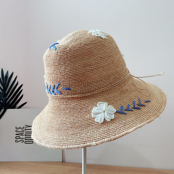 

big hat zhao liying's same crochet lafite straw women's summer sun protection embroidered flower basin little fresh fisherman&#039, Blue;gray