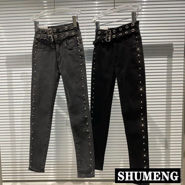 

skinny jeans 2021 autumn water diamond metal ring belt elastic slim punk pencil pants women's high waist denim, Blue
