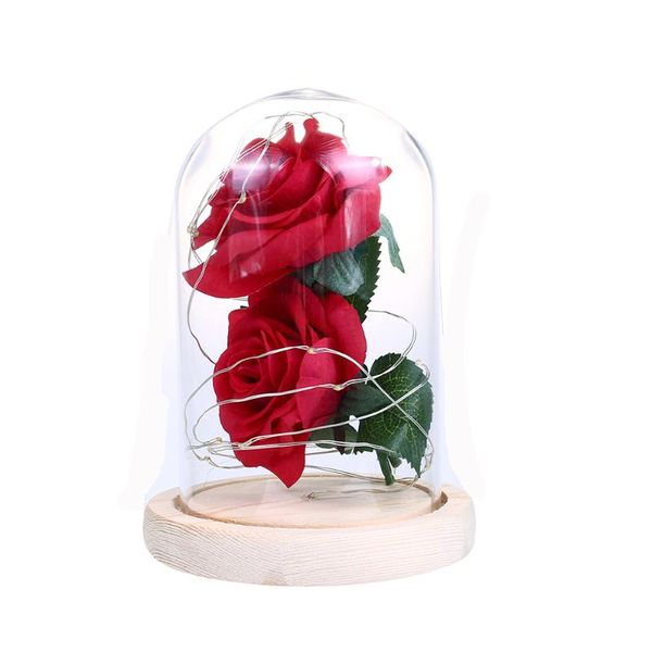 

led fairy light 2pcs artificial roses in a glass dome fake flower led night light home party wedding decor mother's day gift