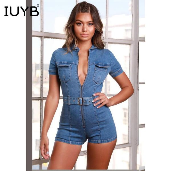 

women's jumpsuits & rompers iuyb spring 2021 age reduction fashion women mini solid short sleeve skinny elasticity denim romper sy7021, Black;white