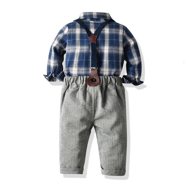 

children's autumn product long sleeve blue plaid shirt bow tie suspender pants suit oem