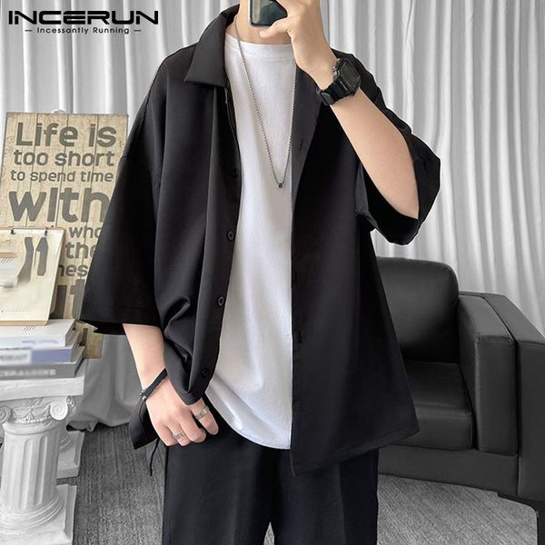 

men's casual shirts fashion men shirt solid color lapel 3/4 sleeve camisa masculina streetwear 2021 button loose s-5xl incerun, White;black