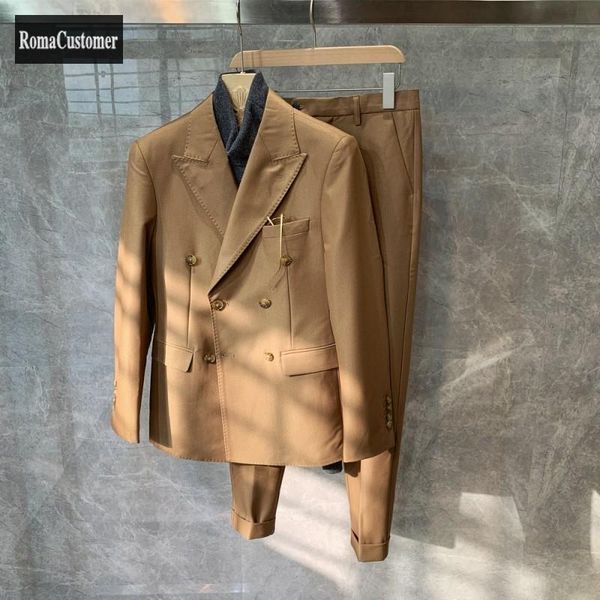 

men's suits & blazers korean vintage solid slim double breasted outerwear male fashion sets business casual pants two-piece suit, White;black