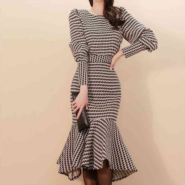 

autumn winter product two women dresses piece fashion temperament slim fit houndstooth jacket waist bag hip fishtail skirt suit, Black;gray