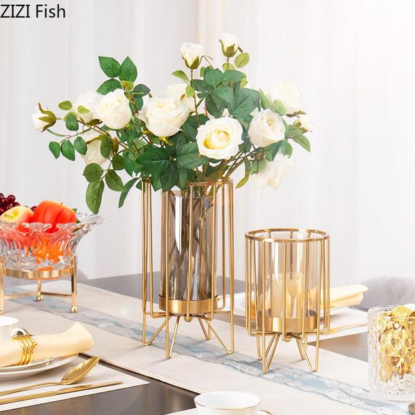 

vases metal gold vase desk decoration glass flower pot tablealloy frame crafts arrangement floral home decor modern