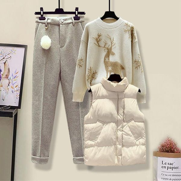 

women's two piece pants women 2021 winter fashion suit tracksuits female casual set ladies cotton vest coat +sweater +wool three pieces, White