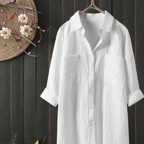 

white blouse women cotton and linen half sleeve formal shirt summer lapel ladies blouse streetwear button down shirts c40