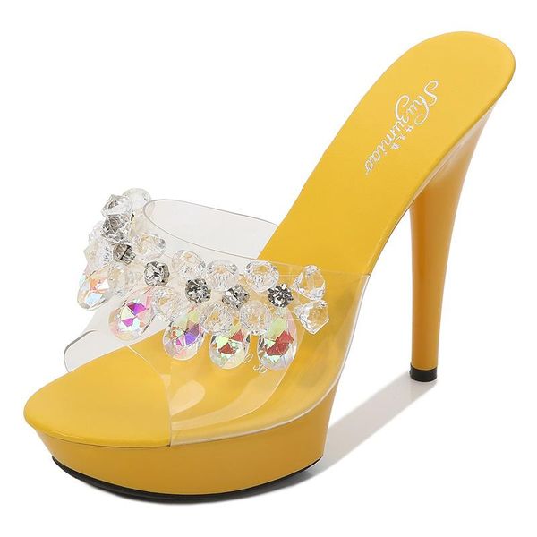 

dress shoes 15cm ultra high heel summer women sandals open toe crystal beads rhinestone transparent t station catwalk pumps, Black