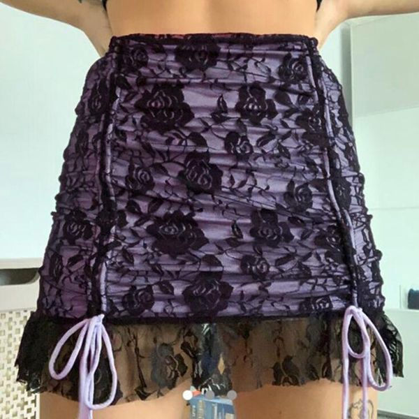 

skirts women's lace patch skirt bowknot side split mini black