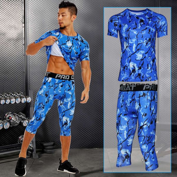 

tights sports men's tracksuits camouflage short sleeve capris two piece suit quick drying bottoming breathable fitness clothes for men, Gray