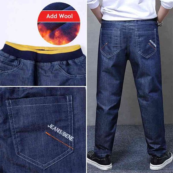 

boy winter pants jeans add wool trousers for big kids cotton children warm dernim fleece clothes 16y 210622, Blue