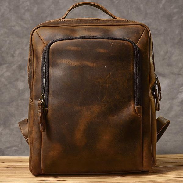 

backpack men's crazy horse leather shoulder bag men 14 inch lapcomputer bags vintage original wind genuine solid